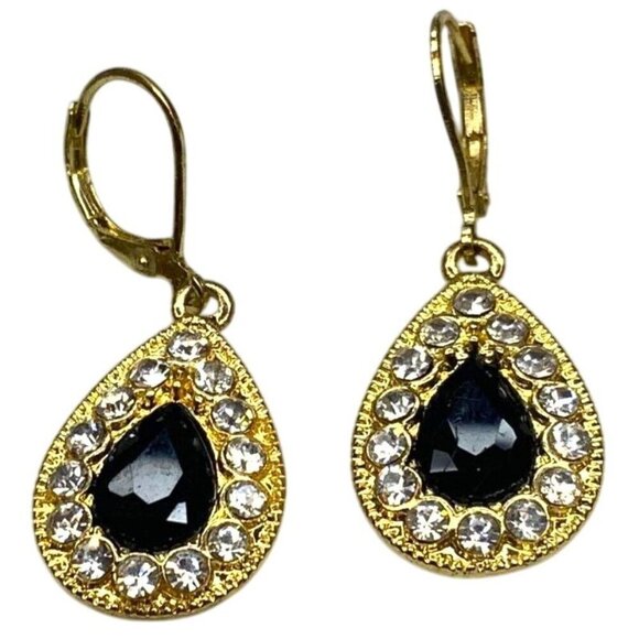Monet Teardrop Dangle Earrings Gold Tone Crystal Inlay Signed - Picture 1 of 2